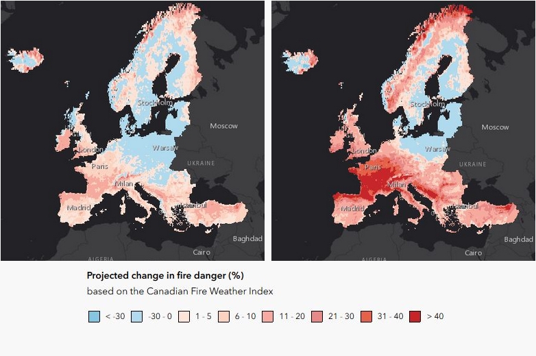 Cette carte montre, en pourcentages, l'évolution prévue de la dangerosité des feux en 2100 (par rapport à 1981-2010) - Crédits : Agence européenne de l'environnement / CC BY 2.5 DK