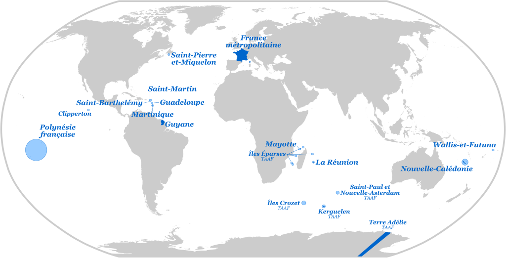 La France avec l'ensemble des territoires d'outre-mer. Source : Wikipedia 