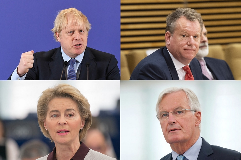 de haut en bas et de gauche à droite : Boris Johnson, David Frost, Ursula von der Leyen, Michel Barnier