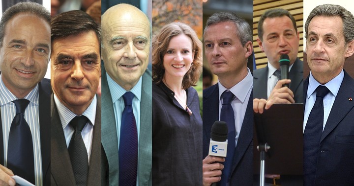 De gauche à droite : Jean-François Copé, François Fillon, Alain Juppé, Nathalie Kosciusko-Morizet, Bruno Le Maire, Jean-Frédéric Poisson et Nicolas Sarkozy