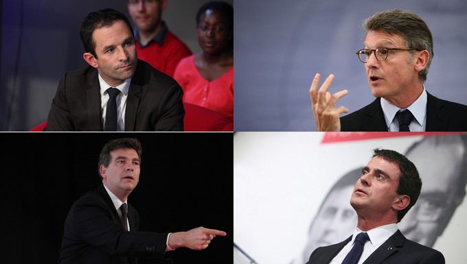 De gauche à droite et de bas en haut :Benoît Hamon, Vincent Peillon, Arnaud Montebourg, Manuel Valls