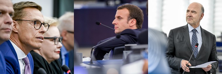 Alexander Stubb, Emmanuel Macron et Pierre Moscovici - Crédits : Daina Le Lardic, Marc Dossmann / Parlement européen