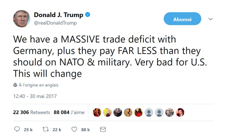 Capture d'écran du tweet de Donald Trump du 30 mai 2017 sur l'Allemagne 