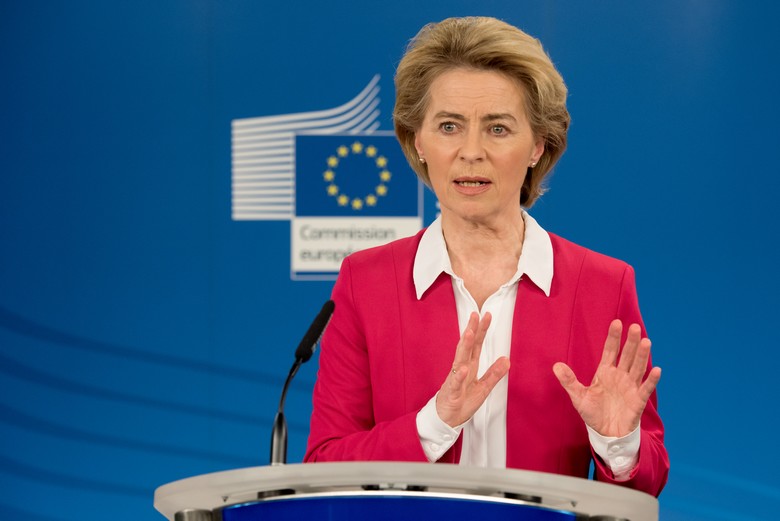 La présidente de la Commission européenne Ursula von der Leyen à l'issue du sommet des leaders européens le 26 mars 2020 - Crédits : Etienne Ansotte / Commission européenne 