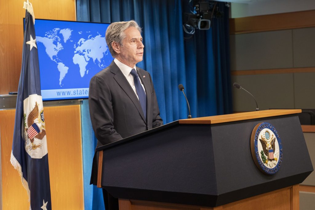 Le Secrétaire d'Etat américain, Antony Blinken, lors d'une conférence de presse sur les tensions en Ukraine avec la Russie, le 26 janvier 2022, à Washington. Crédits : U.S. Department of State from United States / wikimedia
