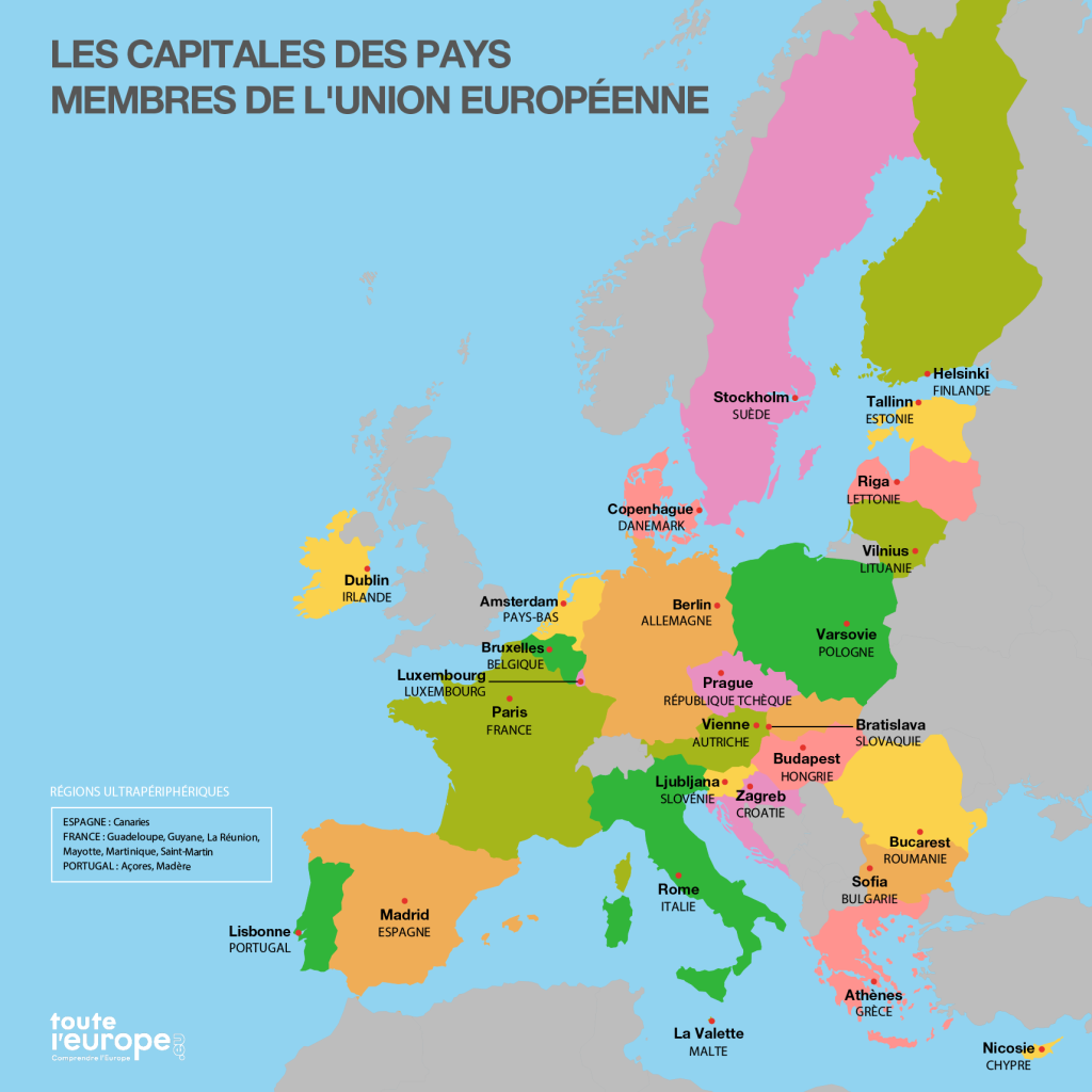 Carte des capitales des Etats membres de l'Union européenne
