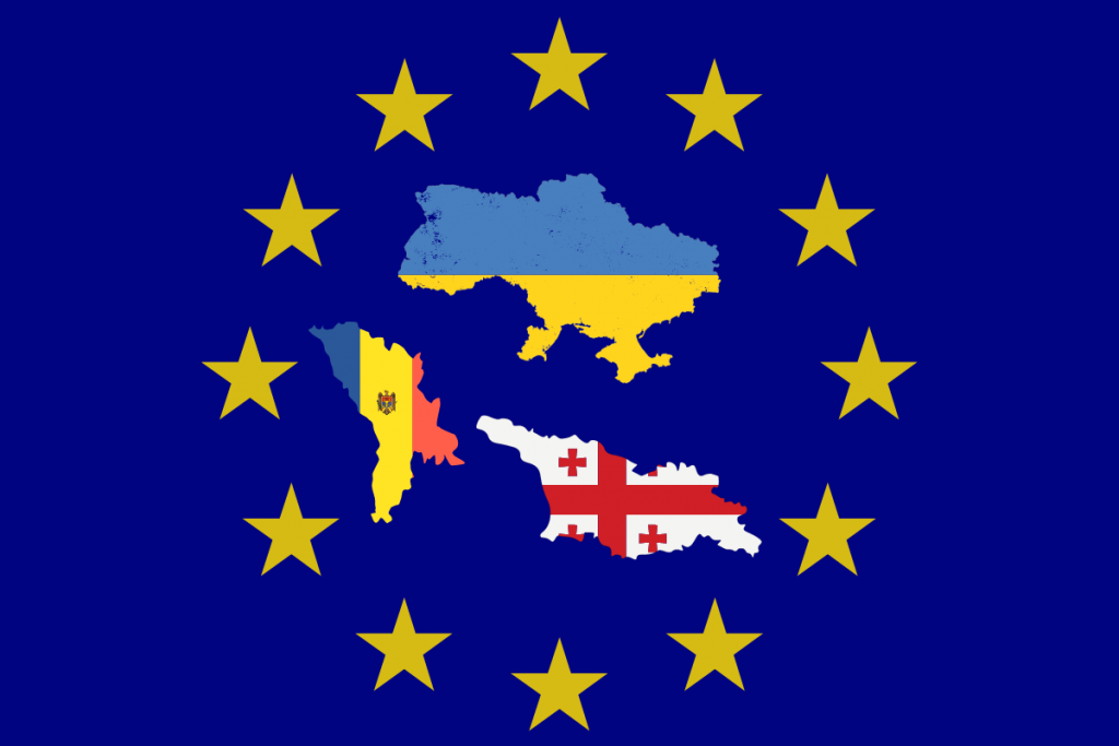 Aujourd'hui, l'Ukraine, la Géorgie et la Moldavie souhaitent rejoindre l'Union européenne, notamment pour se protéger de la menace russe - Crédits : montage Toute l'Europe
