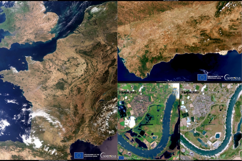 Les images fournies par Copernicus au mois d'août 2022 permettent de se rendre compte de l'état de la sécheresse en France, dans le sud de l'Espagne ainsi qu'au niveau du Rhin aux Pays-Bas