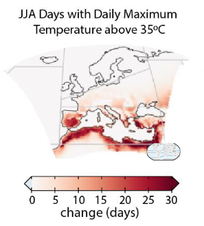 Projection du changement de nombre de jours avec des températures au-dessus de 35 °C l'été au milieu du XXIe siècle par rapport à la période 1995-2014