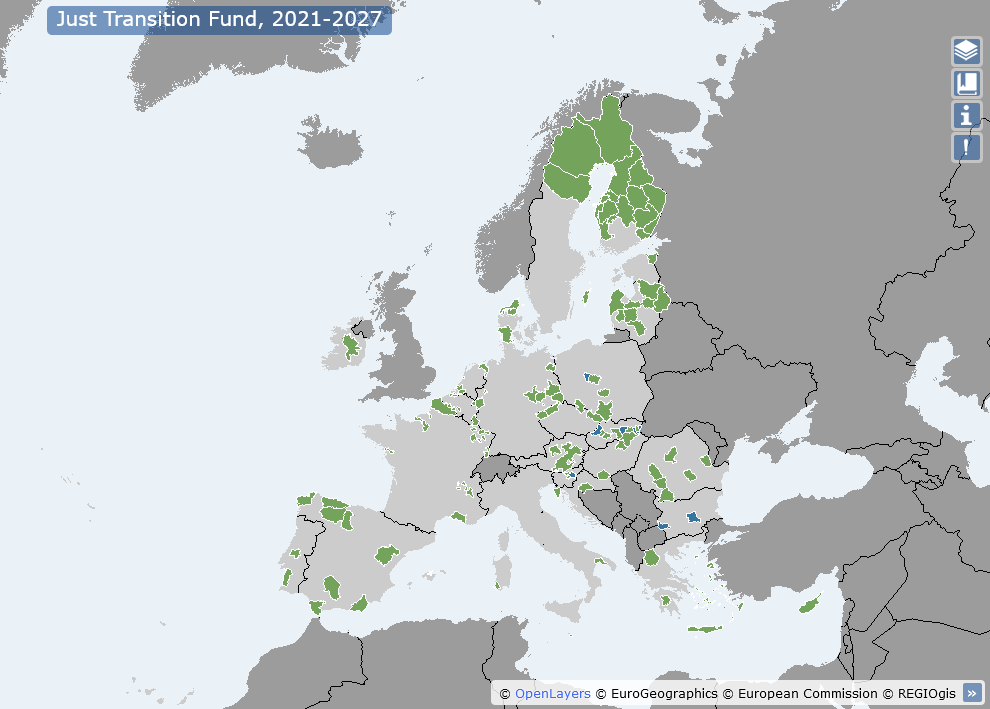 Aperçu des territoires européens éligibles au Fonds pour une transition juste (FTJ) - Crédits : Commission européenne