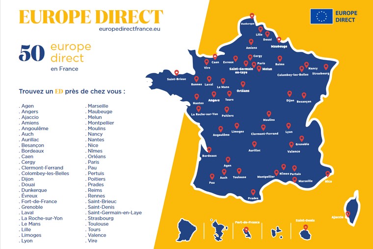 Carte des 50 Europe Direct en France
