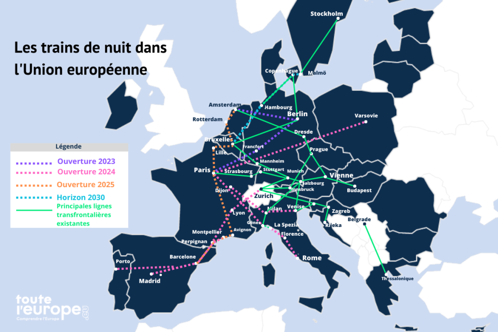 Principaux trains de nuit transfrontaliers dans l'Union européenne - Crédits : Toute l’Europe (cliquez sur la carte pour l'agrandir). Une carte exhaustive référençant également les trains de nuit nationaux a été réalisée par Back-on-Track.