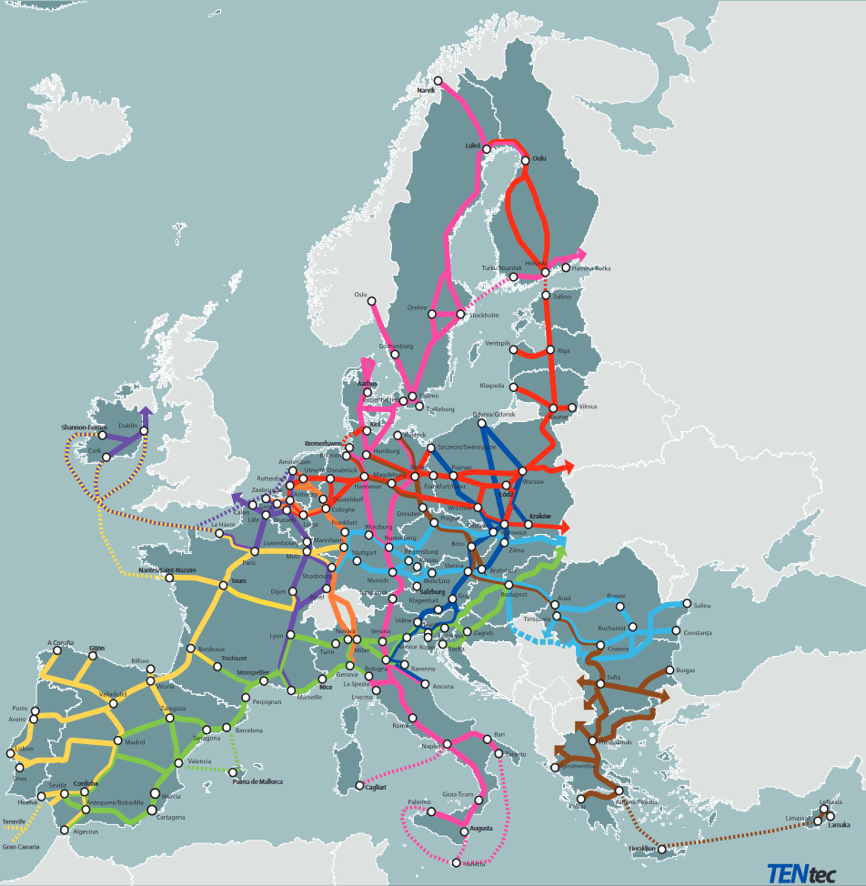 Le "réseau central" en Europe, principales voies de transport dans l'UE