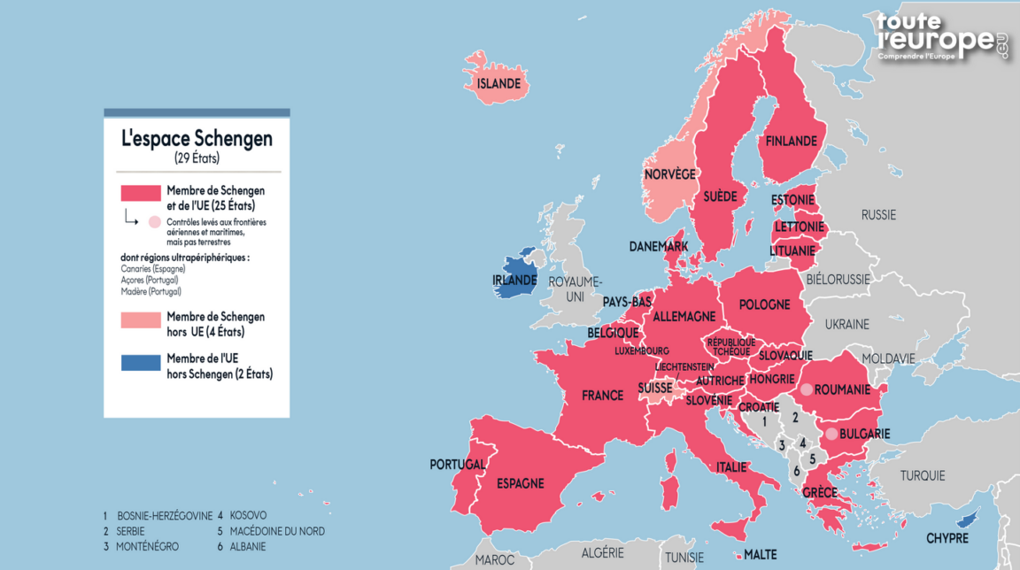Carte géographique de l'espace Schengen